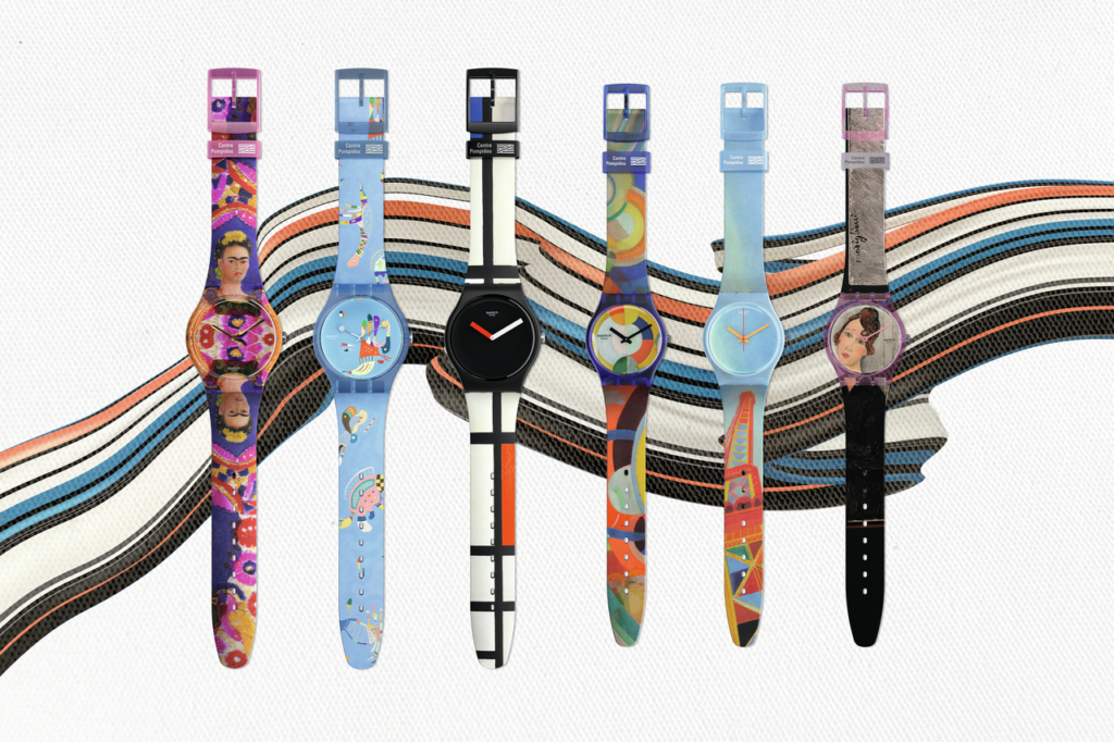 Image d'illustration, les 6 modèles de montres avec effets de couleurs derrière