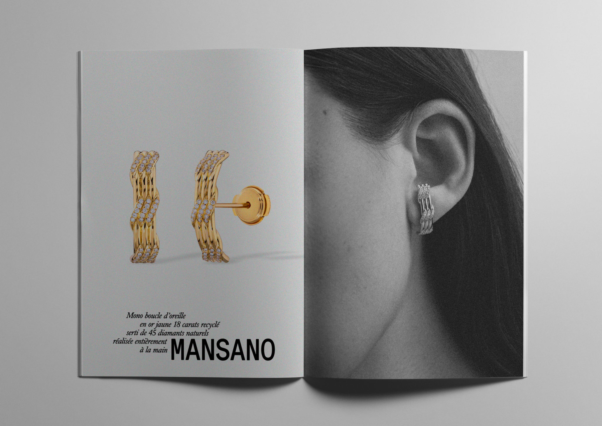Mono boucle d'oreille en or jaune 18 carats recyclé serti de 45 diamants naturels réalisée entièrement à la main, MANSANO