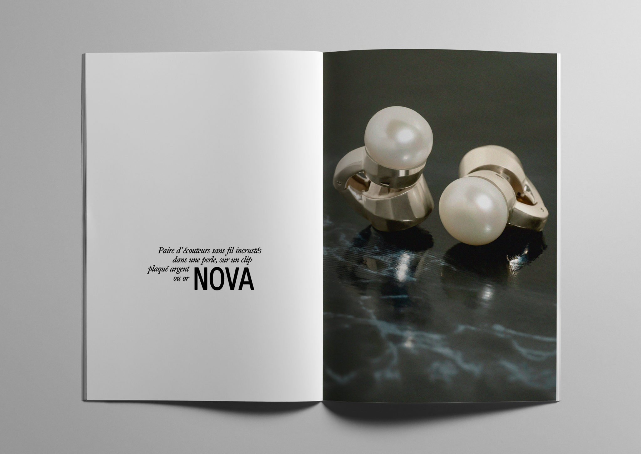 Paire d’écouteurs sans fil incrustés dans une perle, sur un clip plaqué argent ou or, NOVA